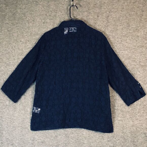 Alfred Dunner Blouse Womens 12 Navy Blue Semi Sheer Lace Geometric Button-Down - Picture 2 of 11
